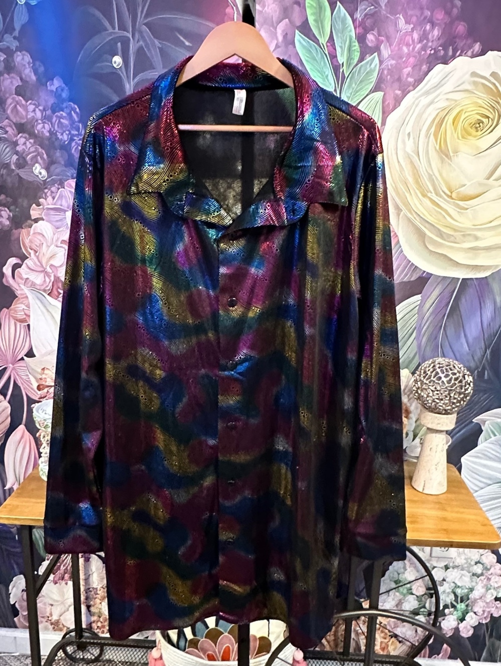 Amscan Adult L/XL Metallic Rainbow Abstract Sheer Button Shirt Costume Top